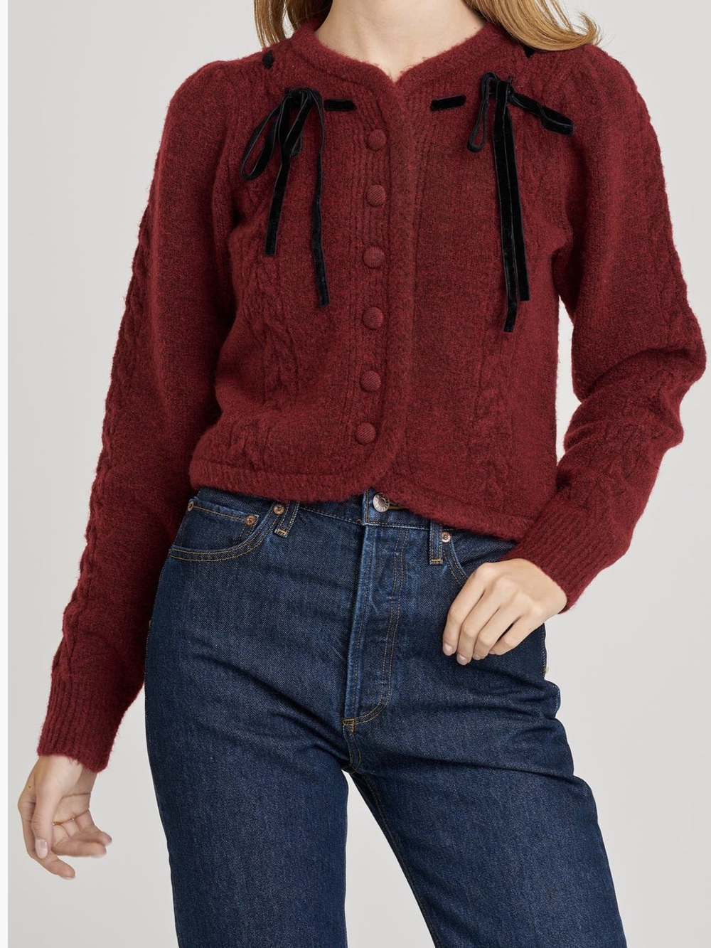 WAYF X SARA WALKER Jackie Velvet Bow Cable Stitch Cardigan